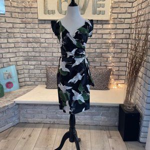 Black Floral Wrap Dress with Green and White Crane Print
